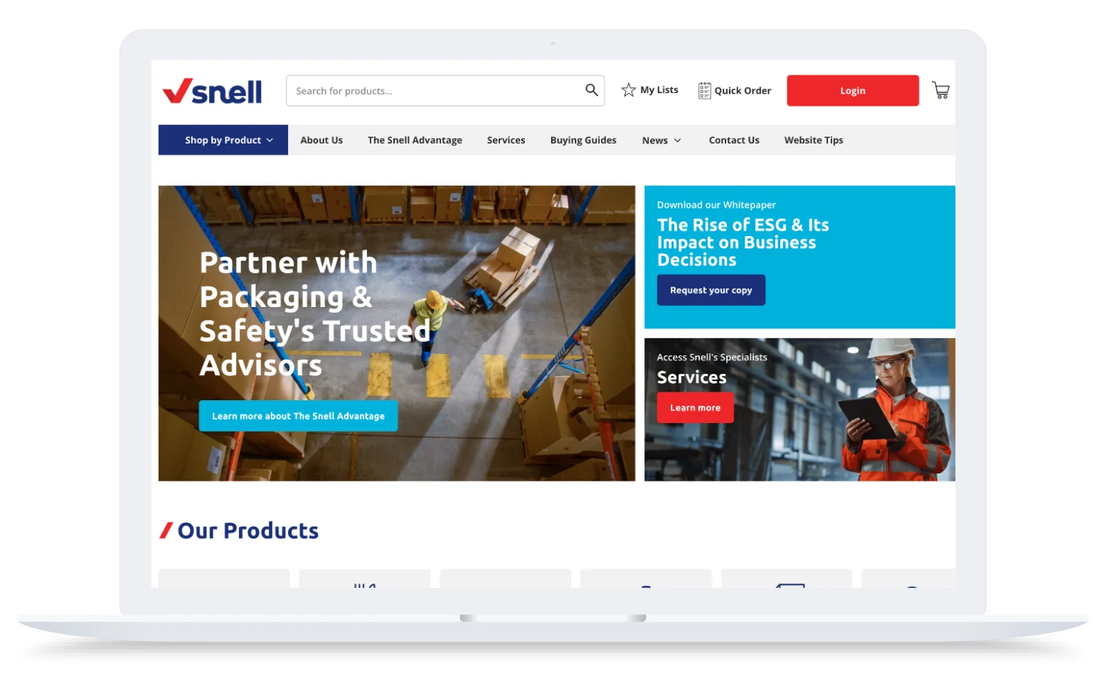 Laptop screen showing Snell website with warehouse images, navigation bar, and promotional banners in blue and red.