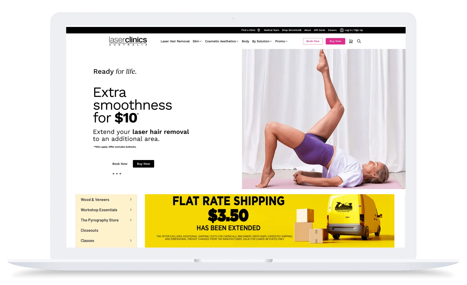 Laptop displaying Laser Clinics Australia website with yoga pose and laser hair removal promotion for extra smoothness.
