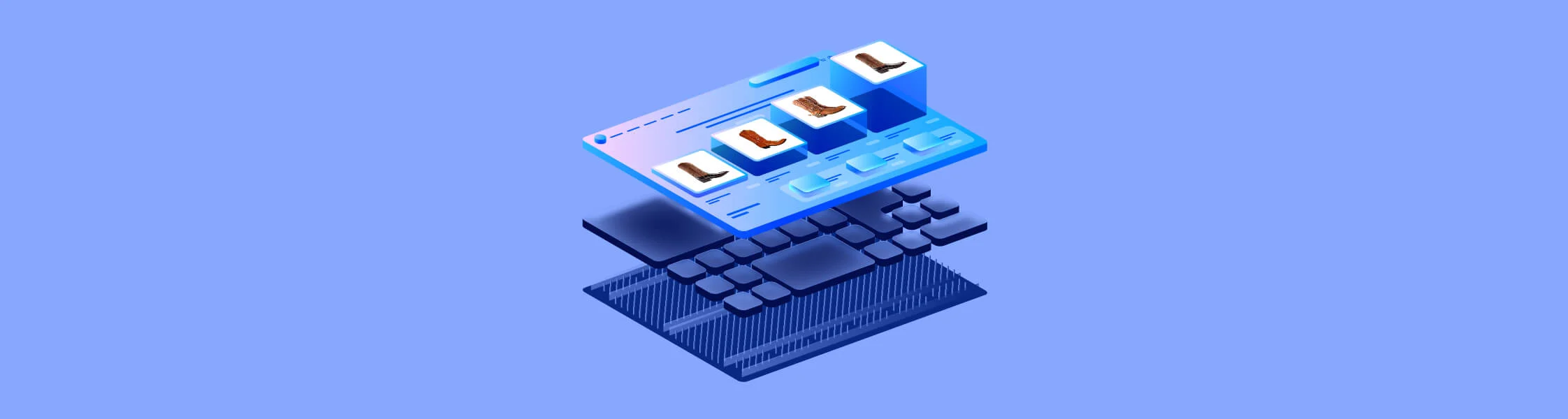 An isometric layered commerce stack showing storefront UI above orchestration and infrastructure layers, on a light blue background.