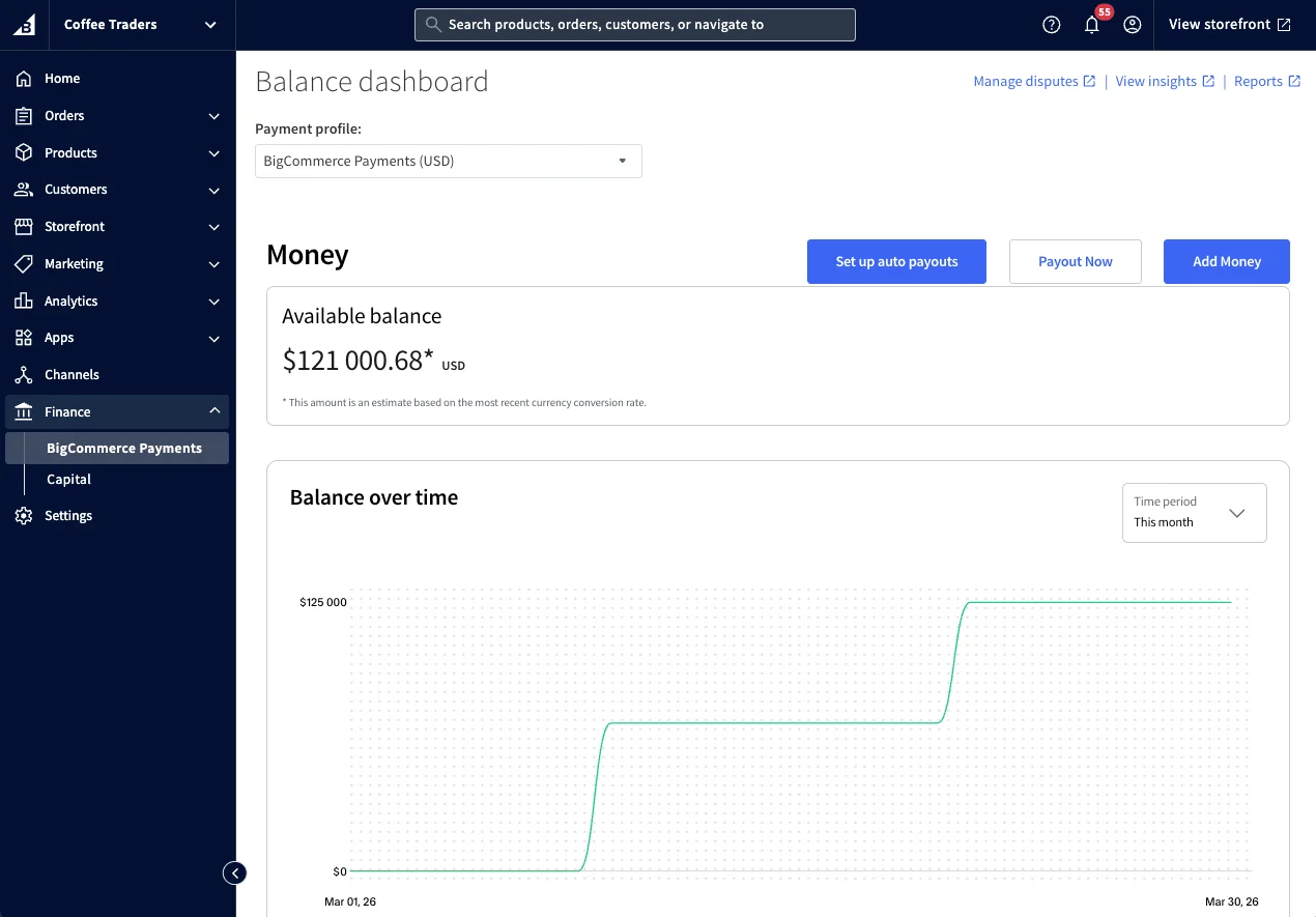 Merchant finance dashboard for Coffee Traders displaying BigCommerce payment profiles, available balance, and monthly revenue graph.