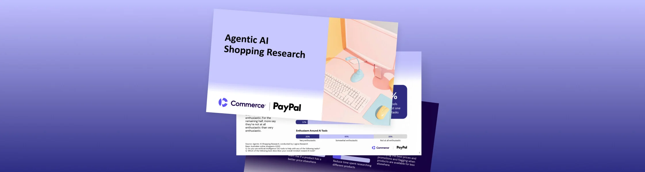 Illustration of research report titled Agentic AI Shopping Research with Commerce and PayPal logos on purple background