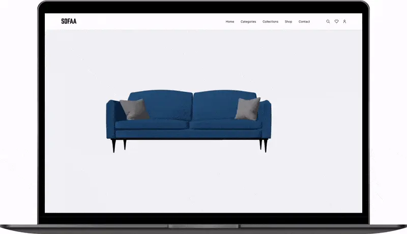 Laptop screen displaying the SOFAA website with a simple, animated blue sofa that changes colors.