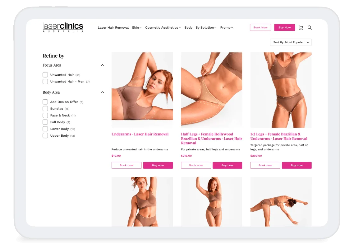 Woman in beige underwear displaying laser hair removal treatment areas for underarms, legs, and Brazilian zones.