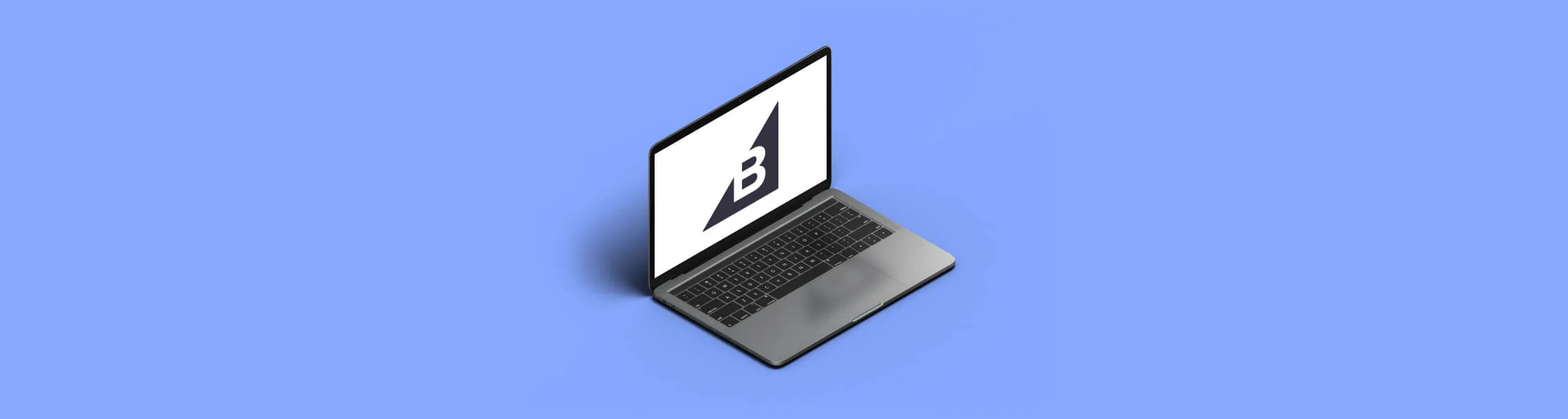 Open laptop computer showing a BigCommerce logo on the screen, centered on a solid blue surface
