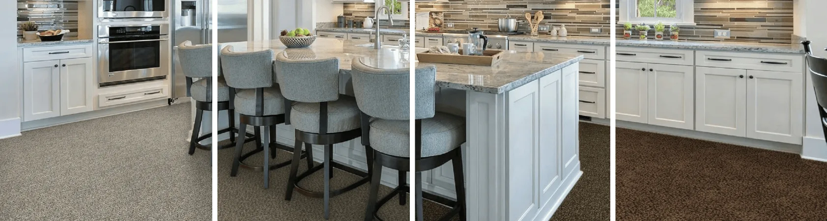 Panoramic view of two different modern kitchens featuring white cabinets, granite countertops, and two contrasting carpet floor colors (light tan and dark brown).
