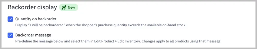 Settings panel showing two checked options: "Quantity on backorder" and "Backorder message" with explanatory text below each.