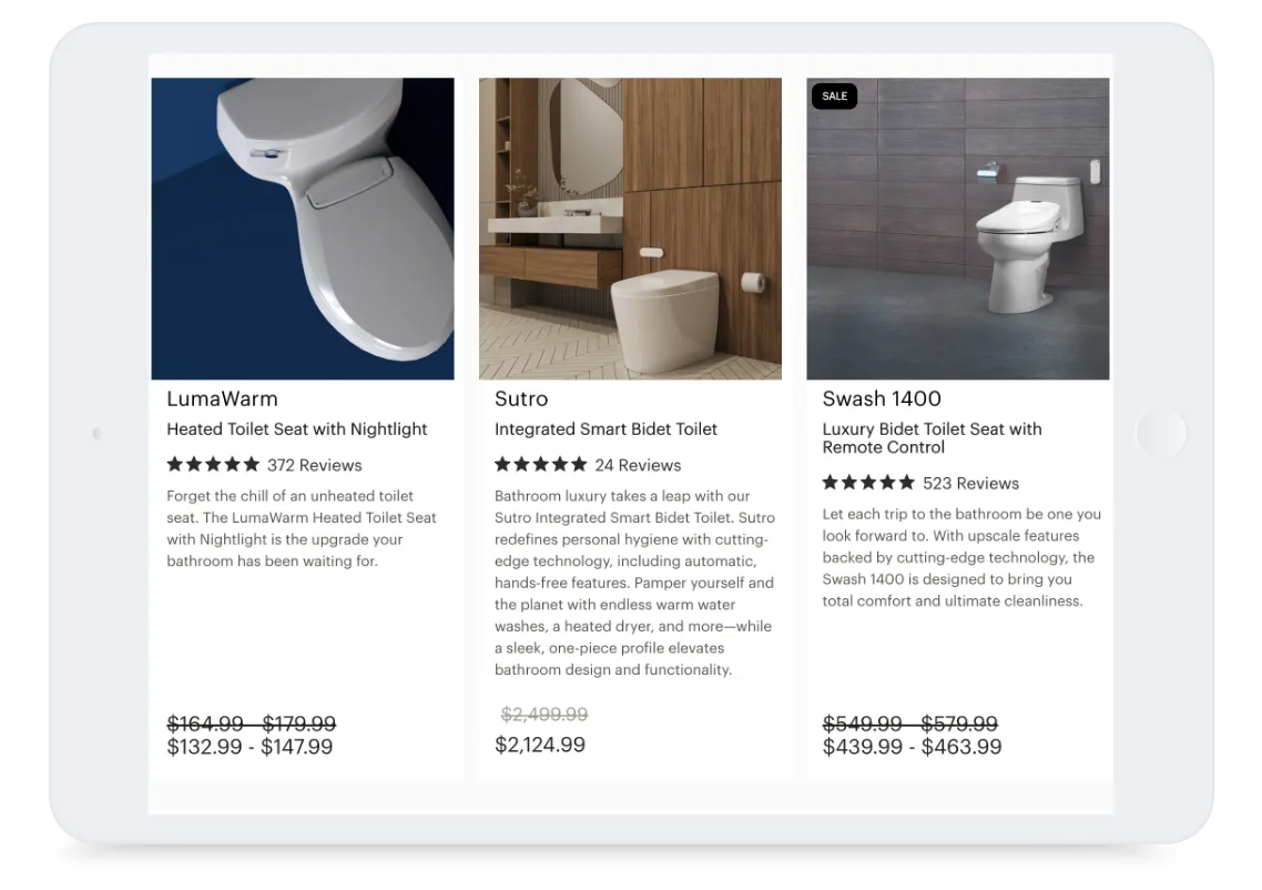 Tablet screen displaying three modern toilet and bidet product listings with images, prices, ratings, and descriptions.