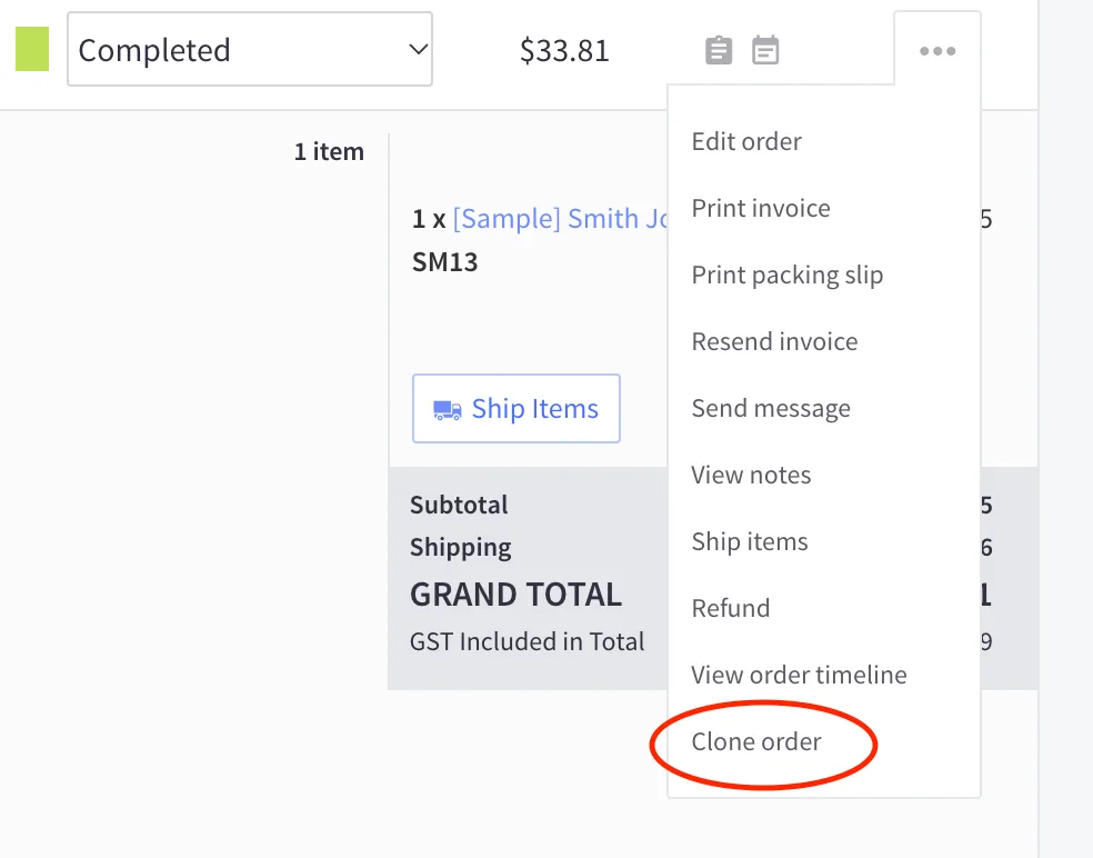 Order action menu in the BigCommerce control panel, with the 'Clone order' option.