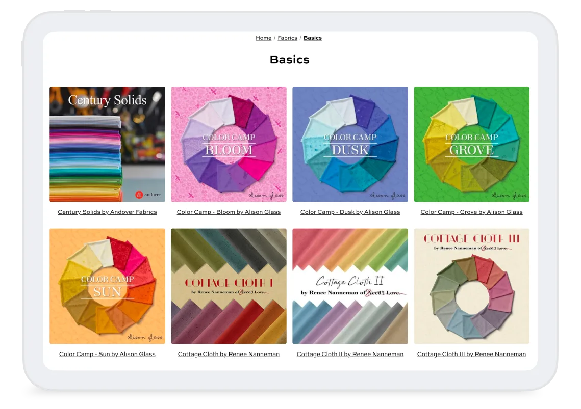 Webpage titled “Basics” showing a grid of fabric collections with colorful swatches and color-wheel images.