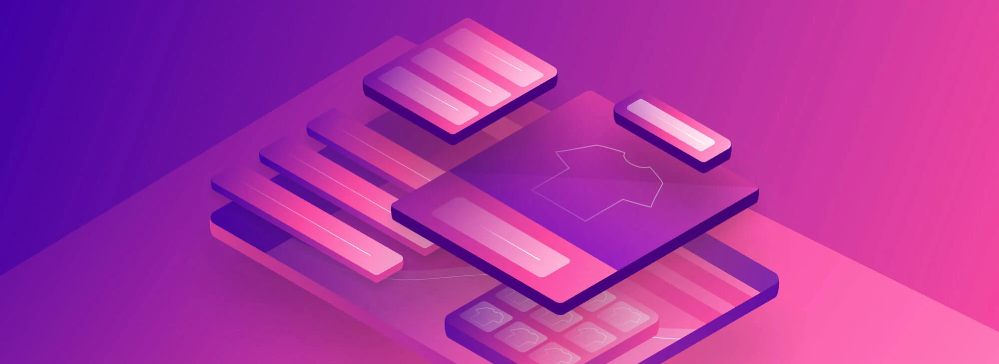 Abstract 3D illustration of layered digital interface panels in pink and purple, featuring a shirt icon and buttons.