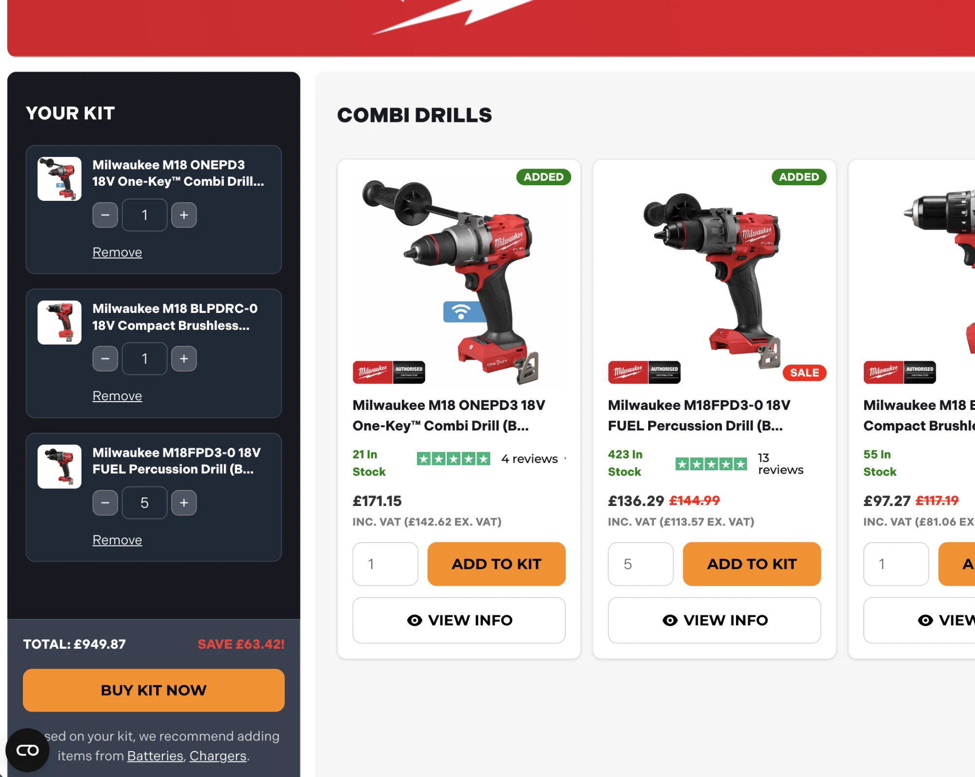 Custom Milwaukee M18 tool kit configuration screen with 18V cordless combi drills, showing pricing, stock availability, and "Add to Kit" buttons.