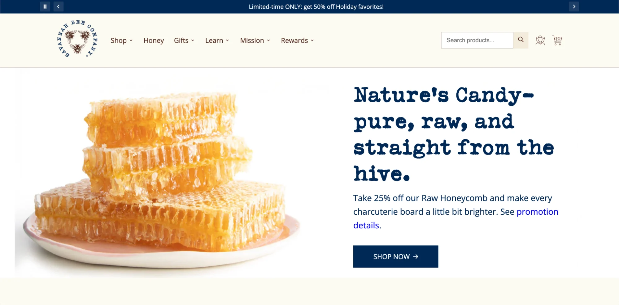 Stack of fresh, golden raw honeycomb on a small plate for Savannah Bee Company’s raw honey collection.