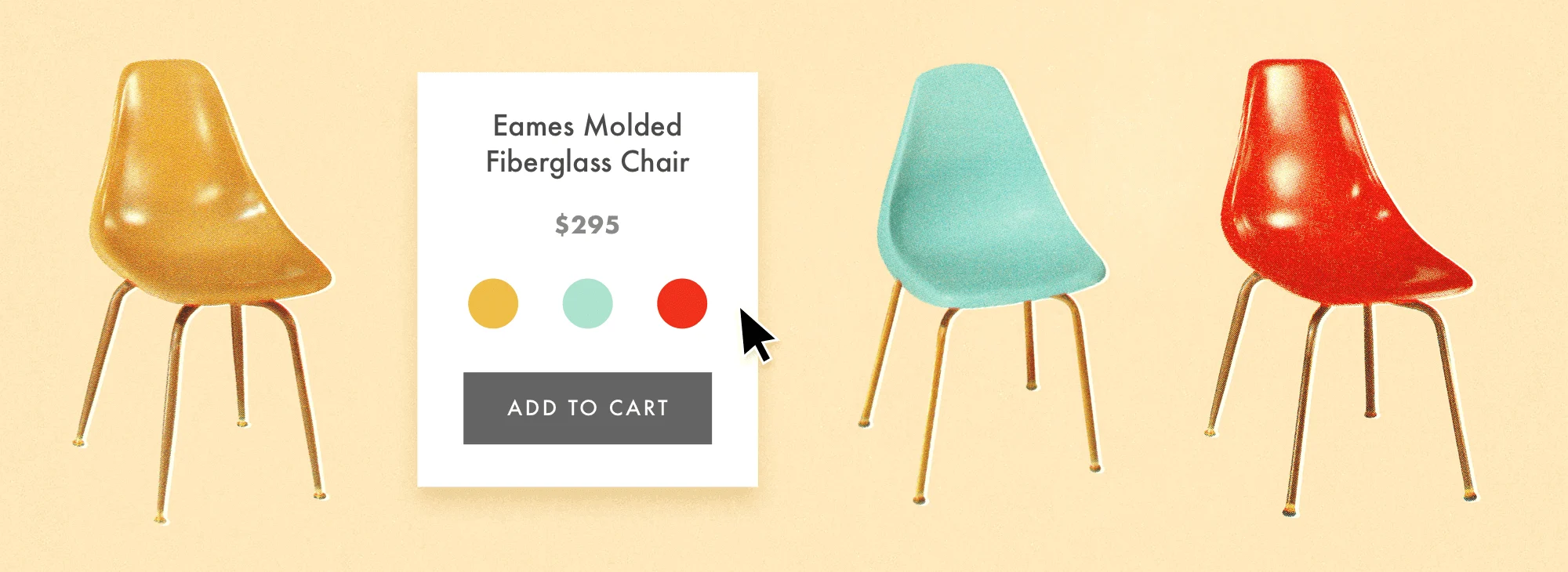 Three Eames Molded Fiberglass Chairs in yellow, blue, and red with an online shopping menu and add to cart button.