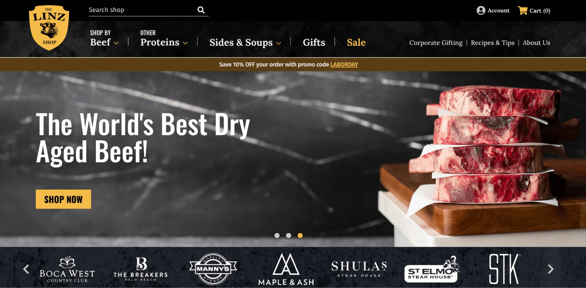 The Linz Shop homepage banner featuring a stack of raw, dry-aged beef steaks and the text: The World's Best Dry Aged Beef! Shop Now.
