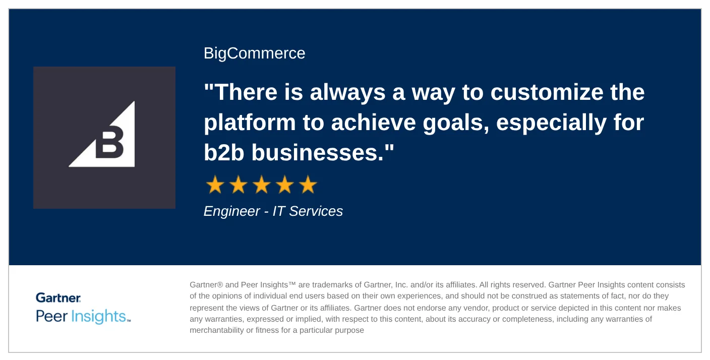 BigCommerce logo with five-star review quote about platform customization for b2b businesses on dark blue background.