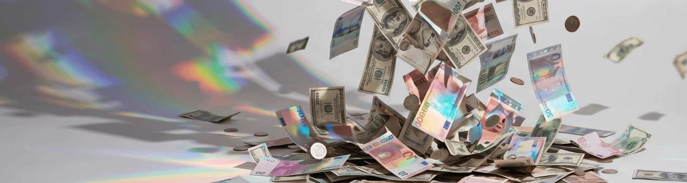 Falling cash and paper banknotes representing money saving and business earnings.
