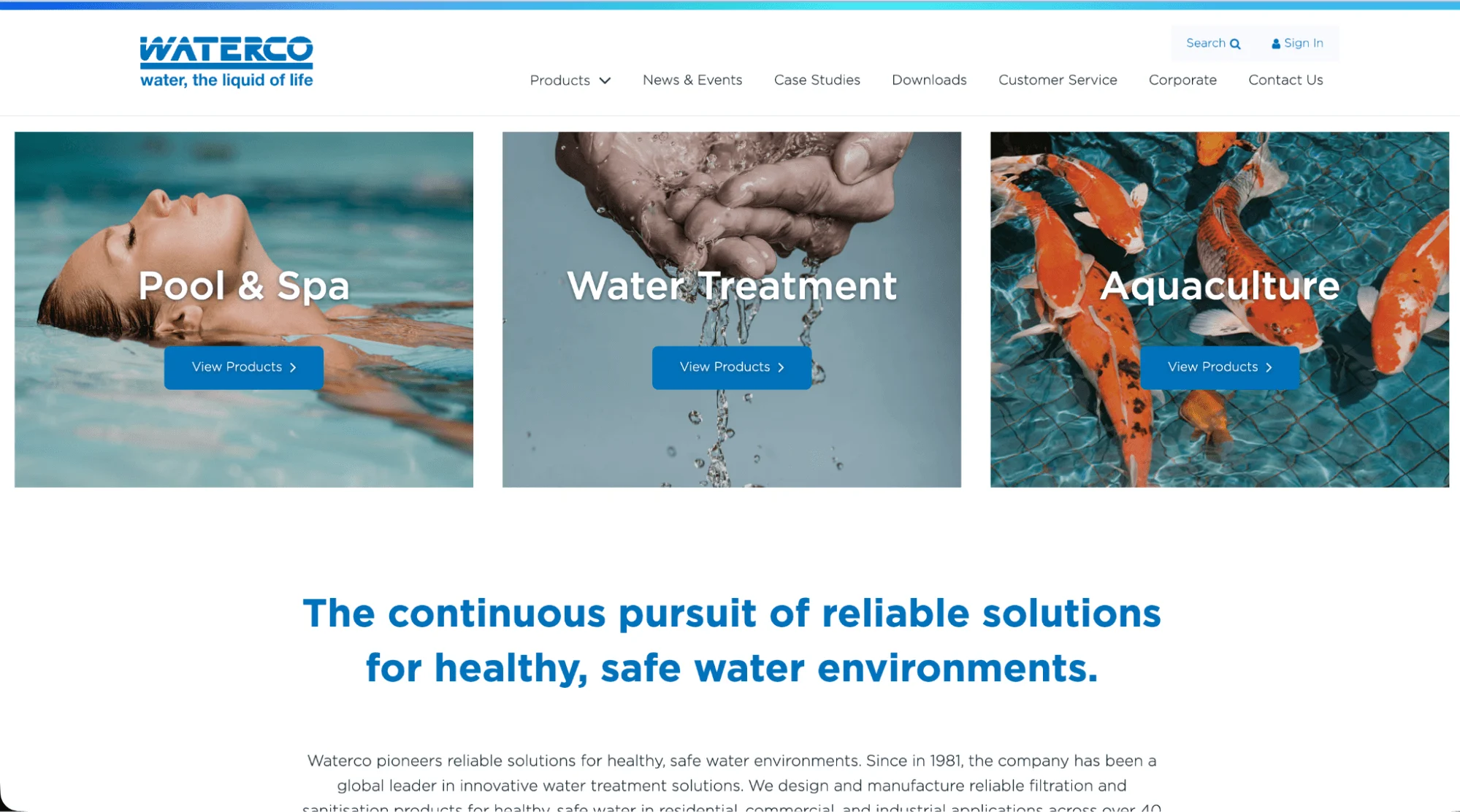 Waterco homepage featuring sections for Pool & Spa, Water Treatment, and Aquaculture products.