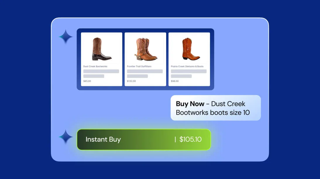 Online shopping interface showing three cowboy boots with prices, a buy now prompt for Dust Creek Rootworks boots, and green instant buy button for $105.10 on blue gradient background.