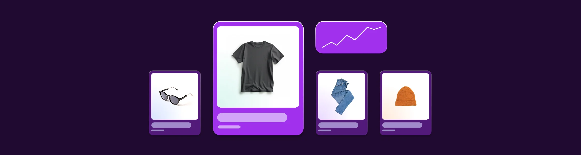 Product cards showing sunglasses, gray t-shirt, blue jeans, and orange beanie on purple background with upward trend graph