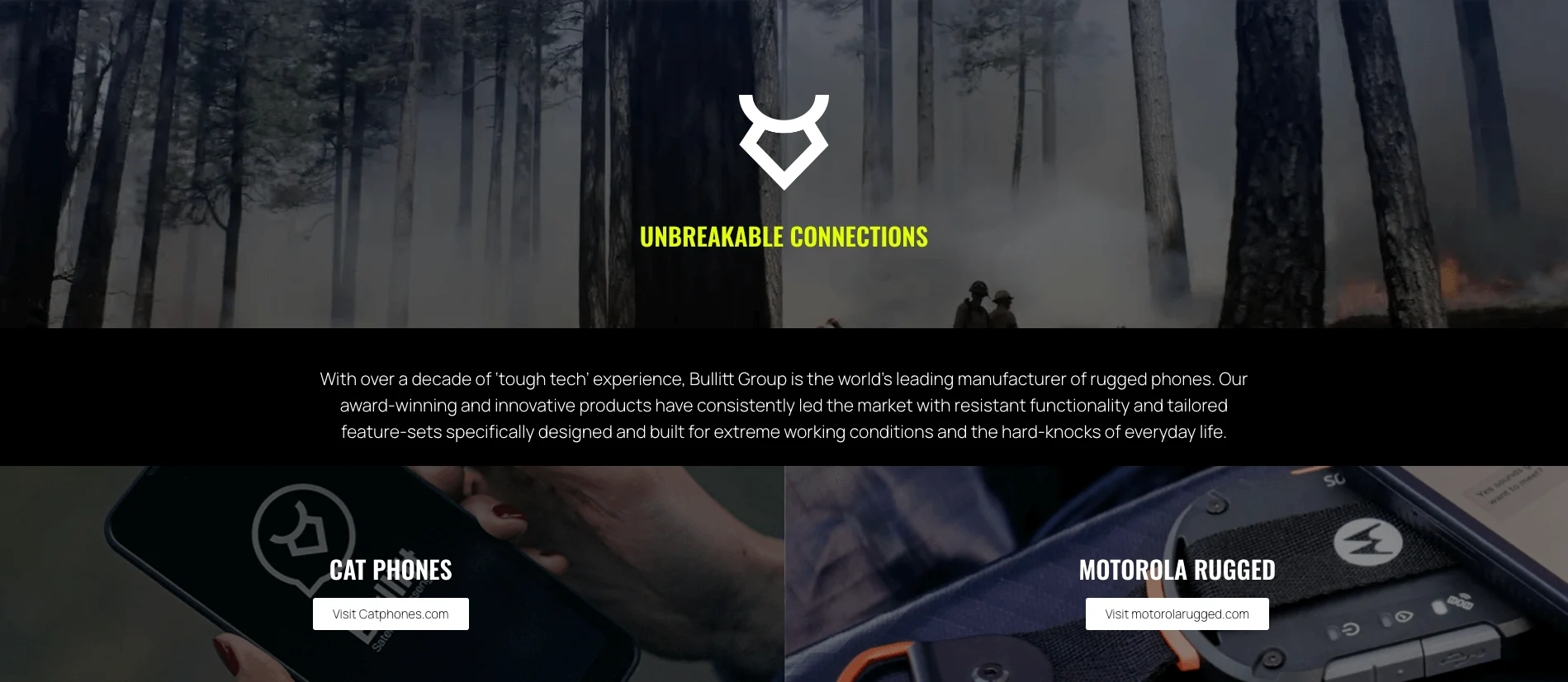 Two firefighters in a smoky forest, Bullitt Group logo and slogan, with Cat Phones and Motorola Rugged phone images below.