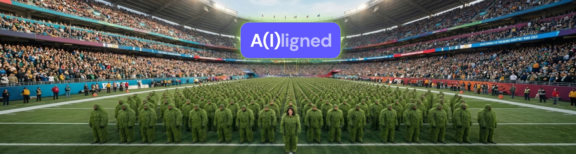 A(I)ligned graphic featuring a woman and a crowd in green grass suits on a football field during a large event.