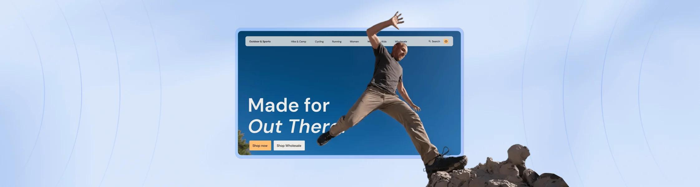 Man jumping across rocks in front of a website banner with the text "Made for Out There" for an outdoor sports brand.