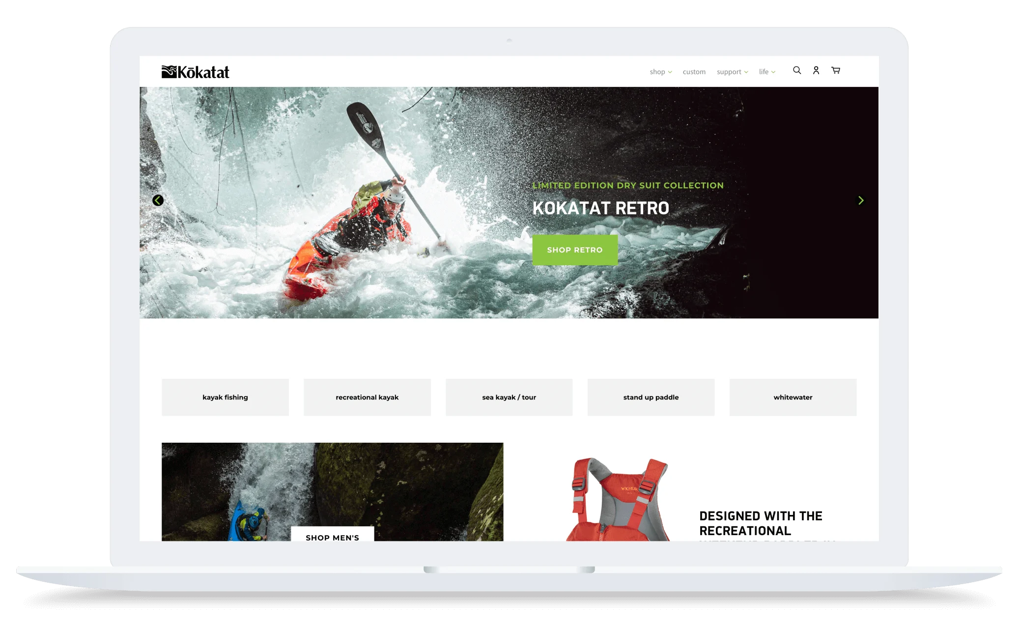 Laptop screen displaying a website with a kayaker in whitewater rapids and a green "Shop Retro" button.