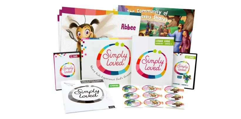 Group Publishing Simply Loved curriculum kit with books, DVDs, leader guides, and teaching materials displayed together