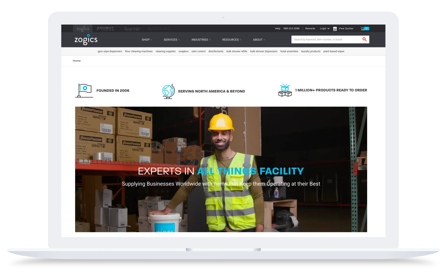 Zogics website homepage displayed on a laptop, featuring facility and cleaning supply products and a hero banner highlighting expertise in facility solutions.