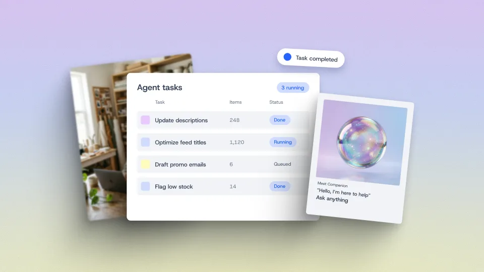 Task management interface showing agent tasks list with completed notification on gradient pink and blue background.
