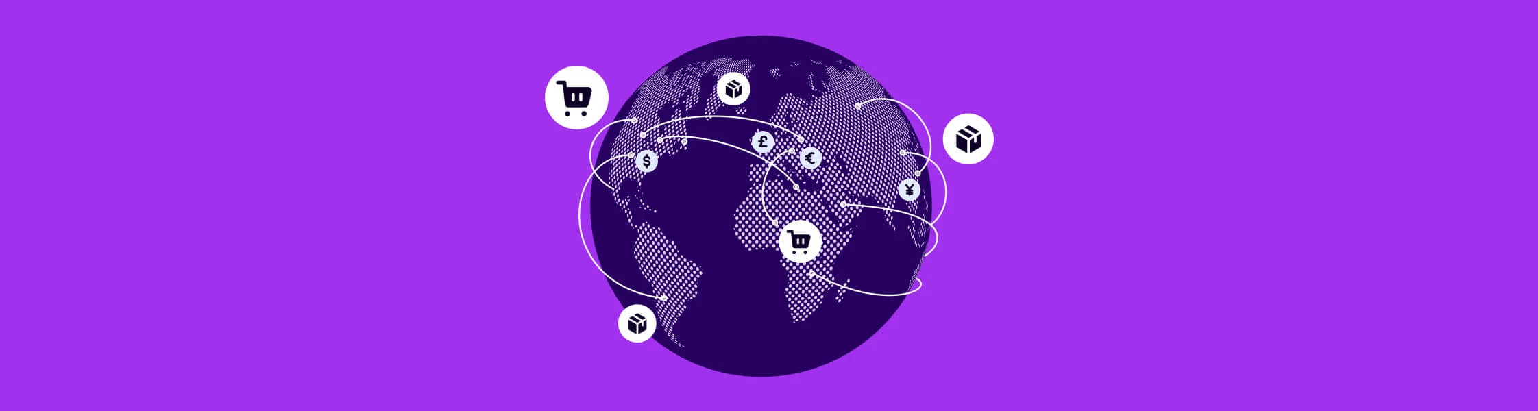 A stylized purple world globe on a light purple background with icons that show the flow of global ecommerce.