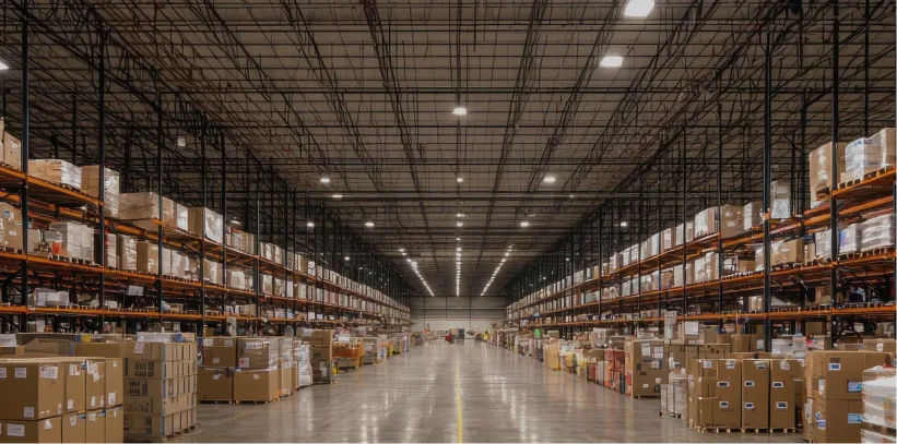 Large warehouse interior with tall orange shelving units filled with cardboard boxes, bright overhead lighting, and polished floor.