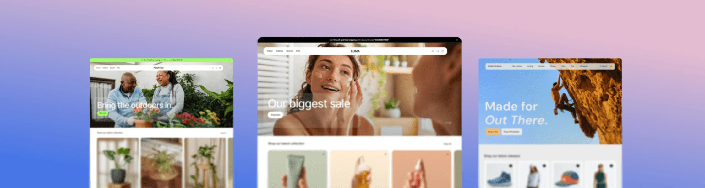 Responsive website template mockups showing plant shop, skincare, and outdoor apparel stores.