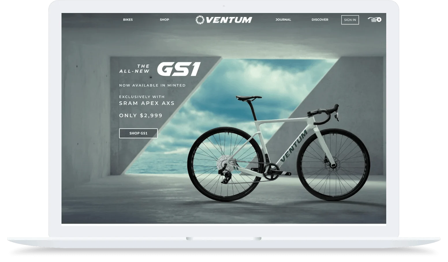 Laptop showing Ventum website featuring the all-new GS1 bike in Minted with SRAM Apex AXS components.