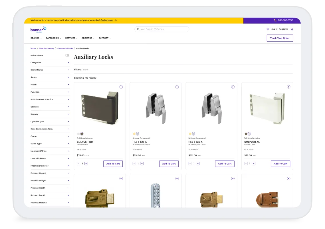 Product catalog page showing auxiliary locks with filter options on left and grid of lock products with images and prices.