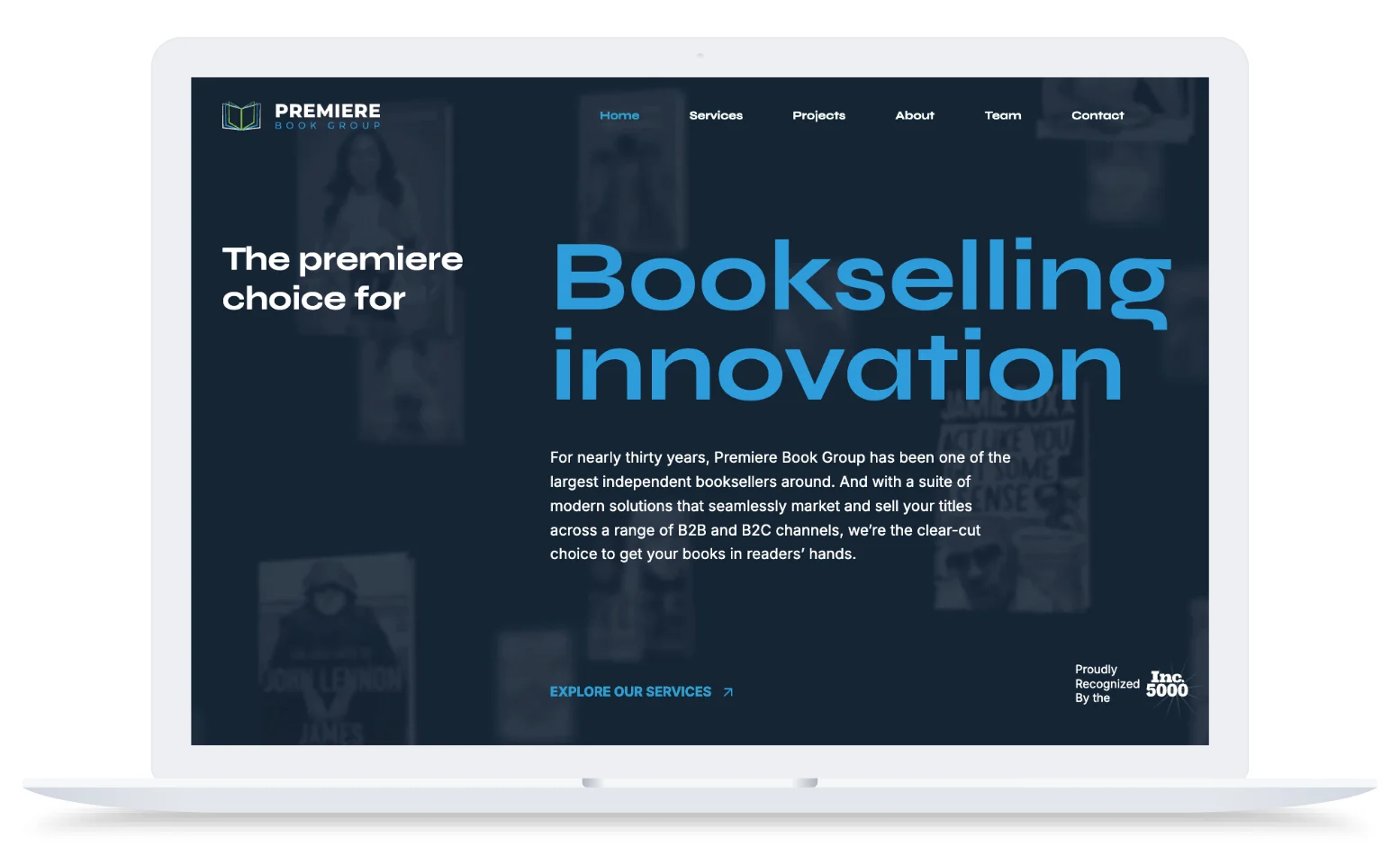 Laptop screen displaying Premiere Book Group website with bold blue text, dark background, and navigation menu.