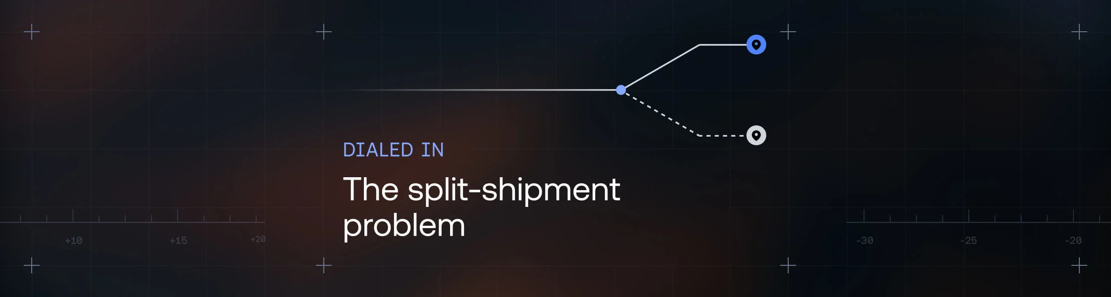 Dark background with white text reading "DIALED IN The split-shipment problem" and a branching line diagram with blue dots.