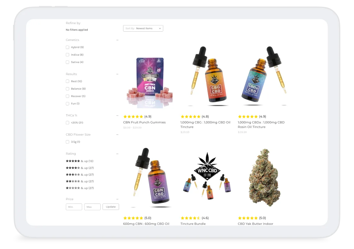 WNC CBD product listing page on a tablet, showing filters, product images, pricing, and customer ratings.