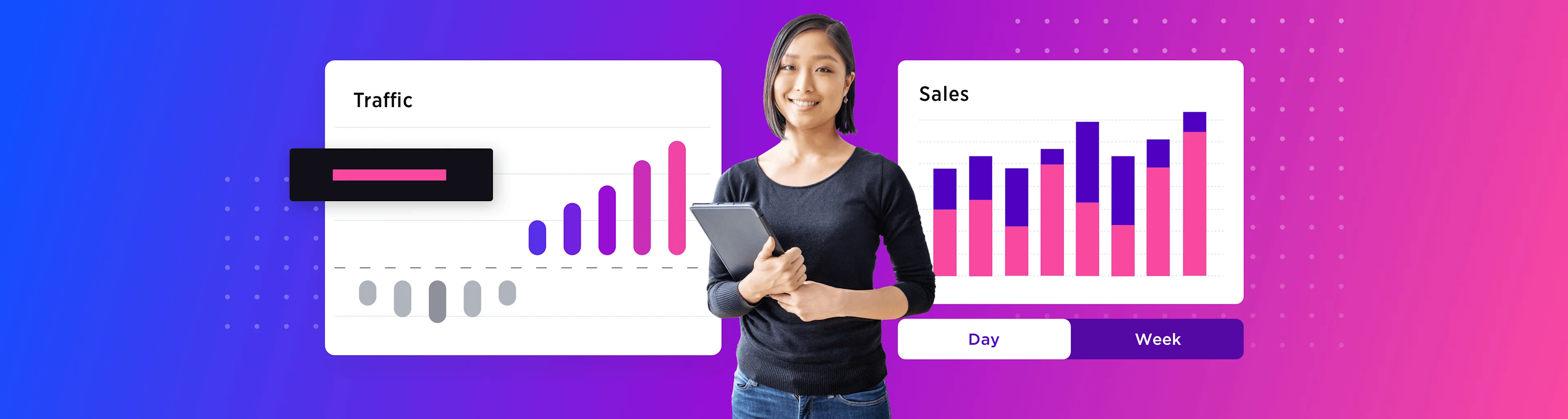 Smiling woman holding a tablet stands in front of colorful traffic and sales bar charts on a blue and pink gradient background.