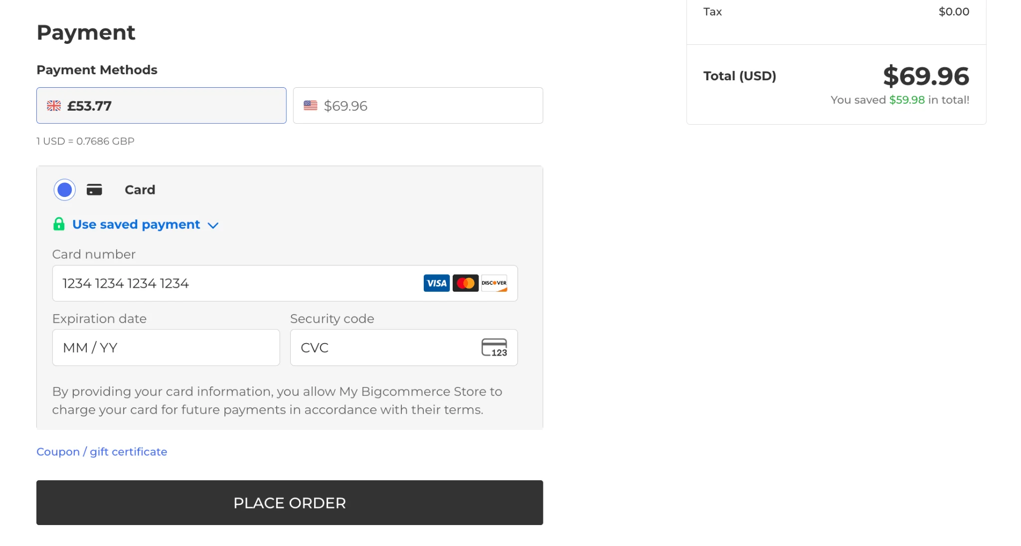 Payment checkout form showing card payment option with currency selection between GBP and USD, total of $69.96 displayed.
