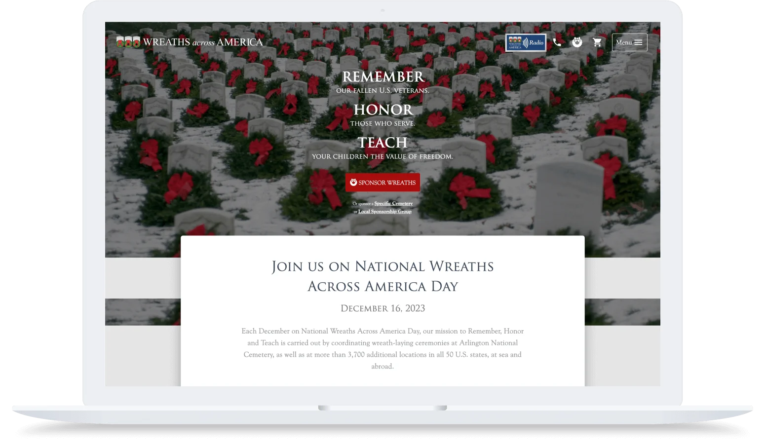 Rows of snow-covered gravestones with wreaths and red bows, promoting Wreaths Across America remembrance event.