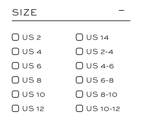Product size selection form with checkboxes for US clothing sizes ranging from US 2 to US 14, including standard and range options.