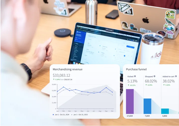 Laptop with CRO line graph and purchase funnel bar graph