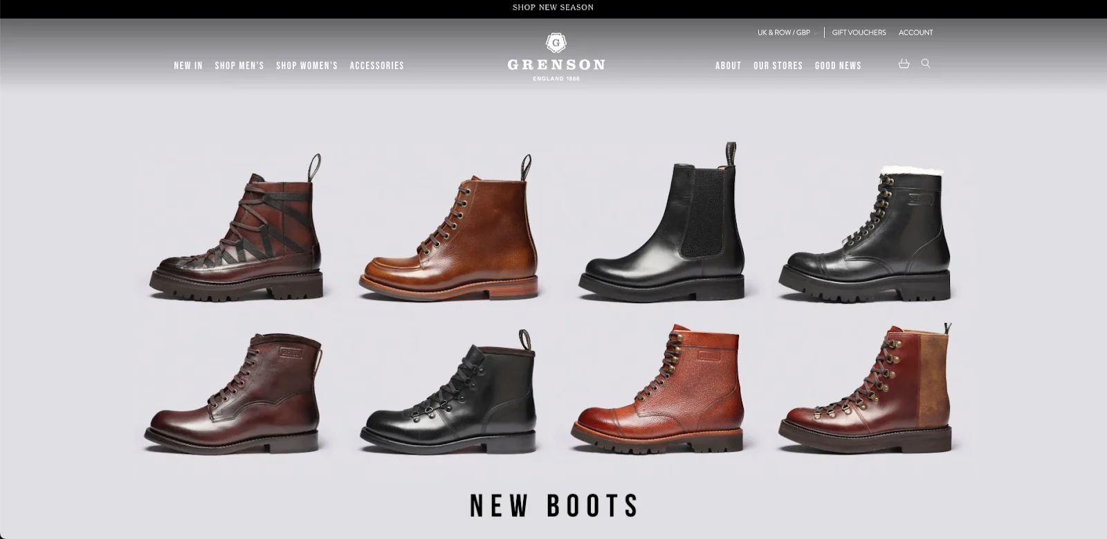 Eight pairs of men’s leather boots in brown and black displayed on a light background with “New Boots” text below.