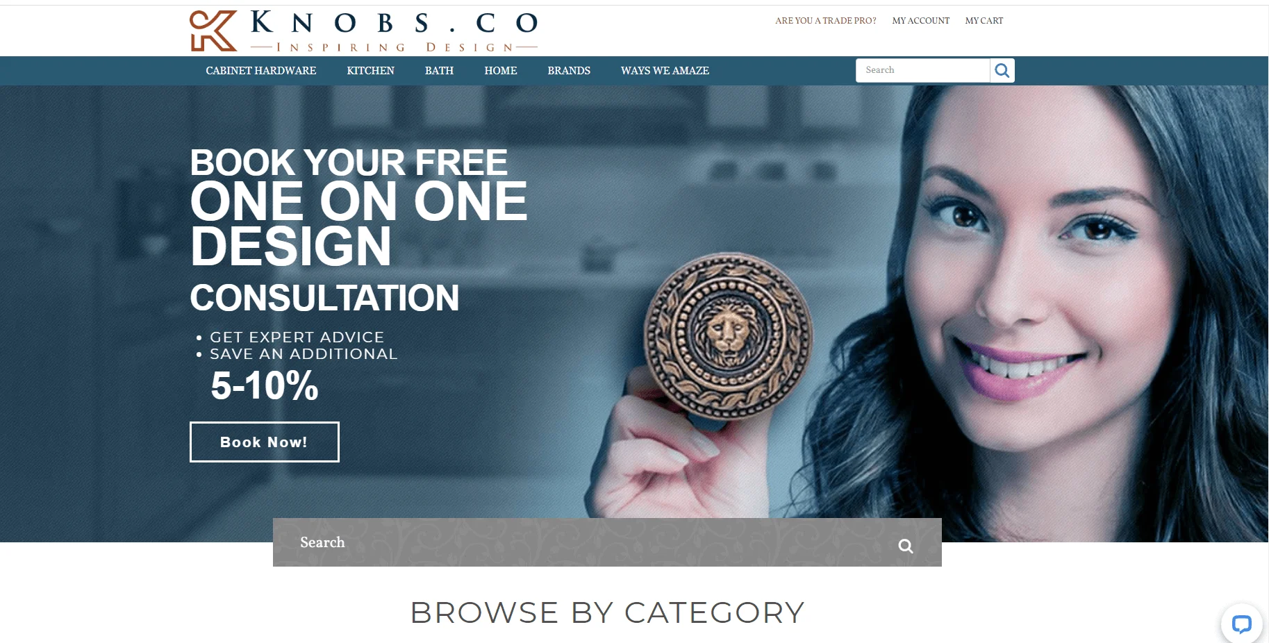 Smiling woman holding a decorative cabinet knob, with text offering a free one-on-one design consultation and savings.