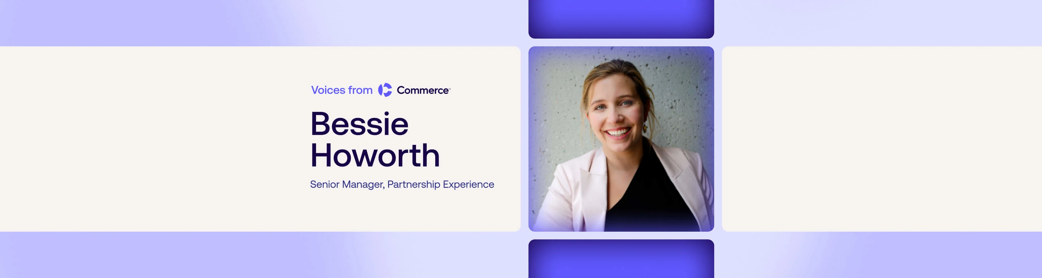 Bessie Howorth, Senior Manager of Partnership Experience, smiling in a white blazer against a purple gradient background.