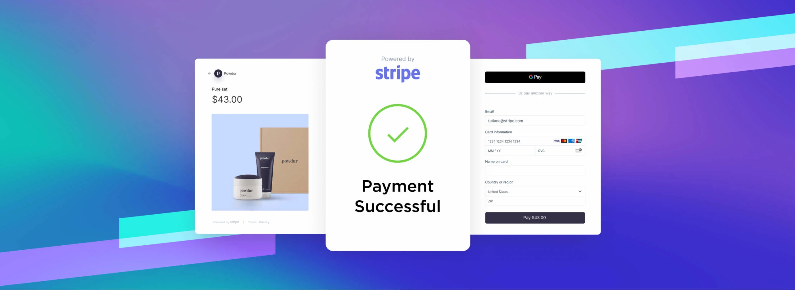 Stripe checkout screens showing $43 product purchase, payment successful checkmark, and card form on purple-blue gradient background