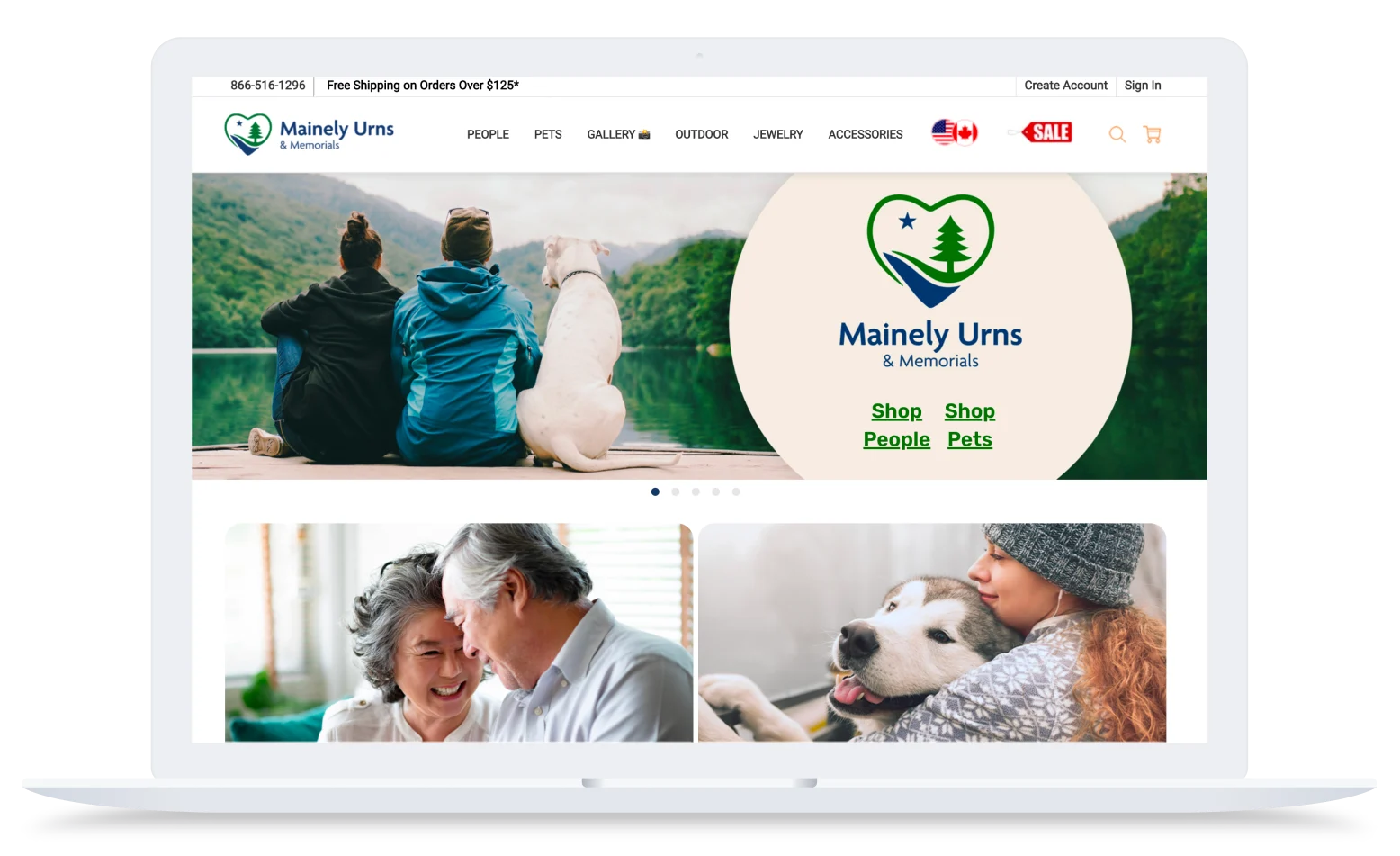 Mainely Urns & Memorials BigCommerce homepage featuring personalized urns for people and pets on a desktop device.
