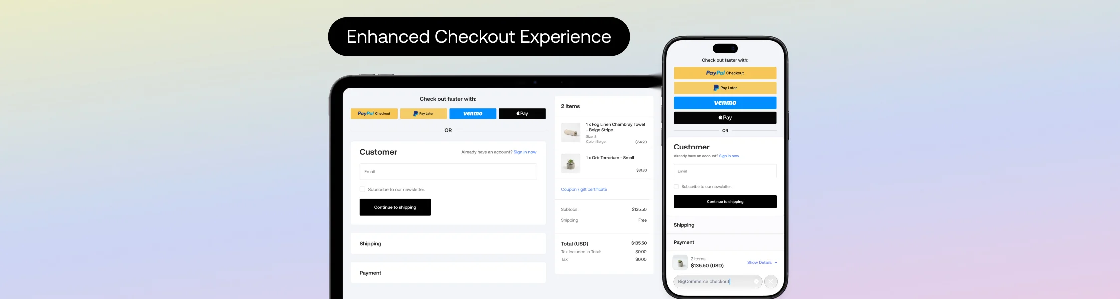 A stylized ecommerce checkout UI showing items added alongside icons for inventory, shipping, and delivery fulfillment, on a purple background.