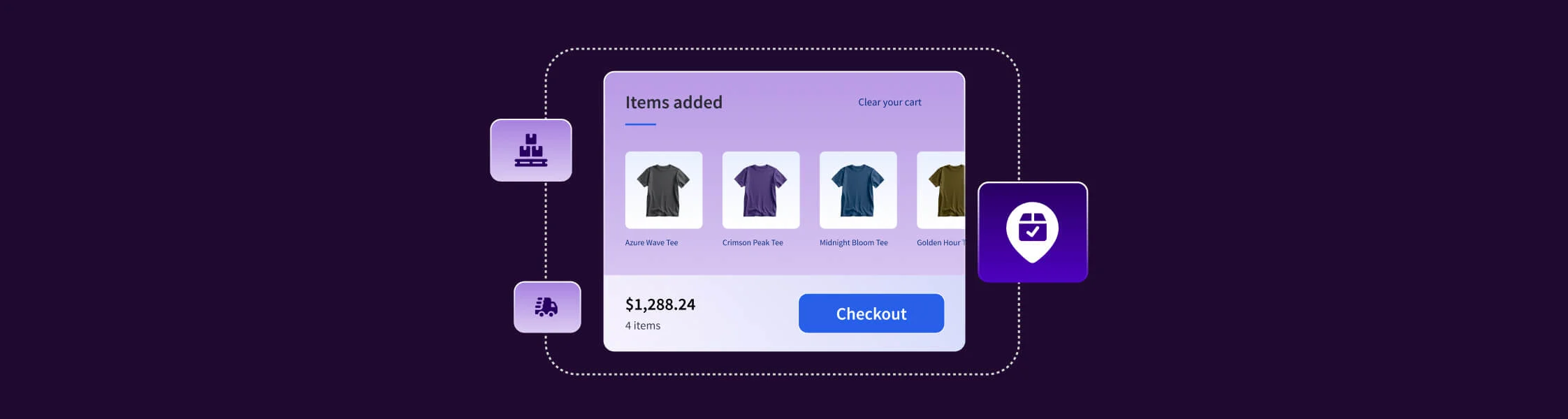 A stylized ecommerce checkout UI showing items added alongside icons for inventory, shipping, and delivery fulfillment, on a purple background.